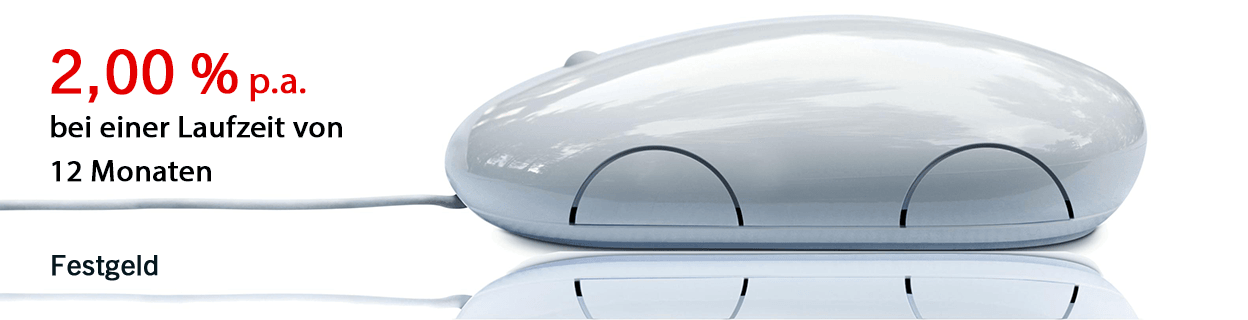 Sie befinden sich auf der Content-Seite für Festgeld Veranlagung. Darstellung einer PC-Maus, welche ein Automobil symbolisieren soll.  Anzeige der aktuellen Kondition für eine Veranlagung mit einer Laufzeit von 6 Monate.